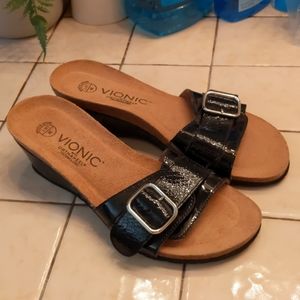 Vionic Black Patten Leather Buckle Wedges 7